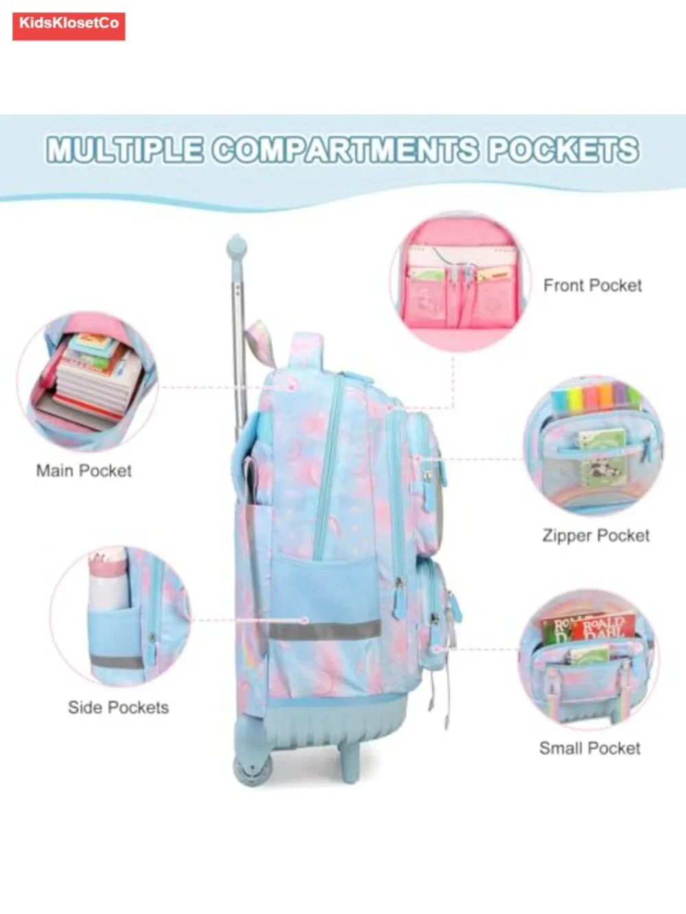 3PCS Rolling Backpack with Lunch Bag and Pencil Case, Water Resistant